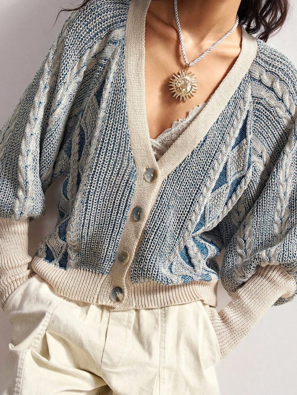 Blue Casual Women's Minimalist Lantern Sleeve Single-Breasted Knit Cardigan - Picture 7 of 8